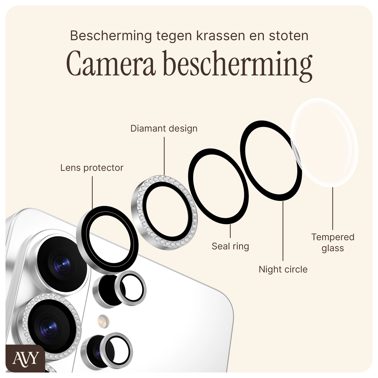 AVY Samsung Galaxy S25 Ultra Camera Lens Protector Rings Diamant Zilver afbeelding 5
