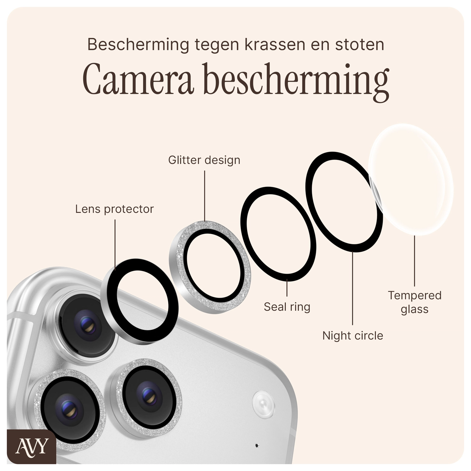 AVY Apple iPhone 17e / 16e Camera Lens Protector Rings Glitter Zilver afbeelding 4