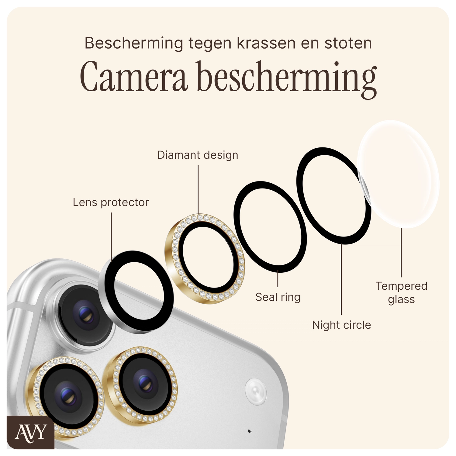 AVY Apple iPhone 17e / 16e Camera Lens Protector Rings Diamant Goud afbeelding 5