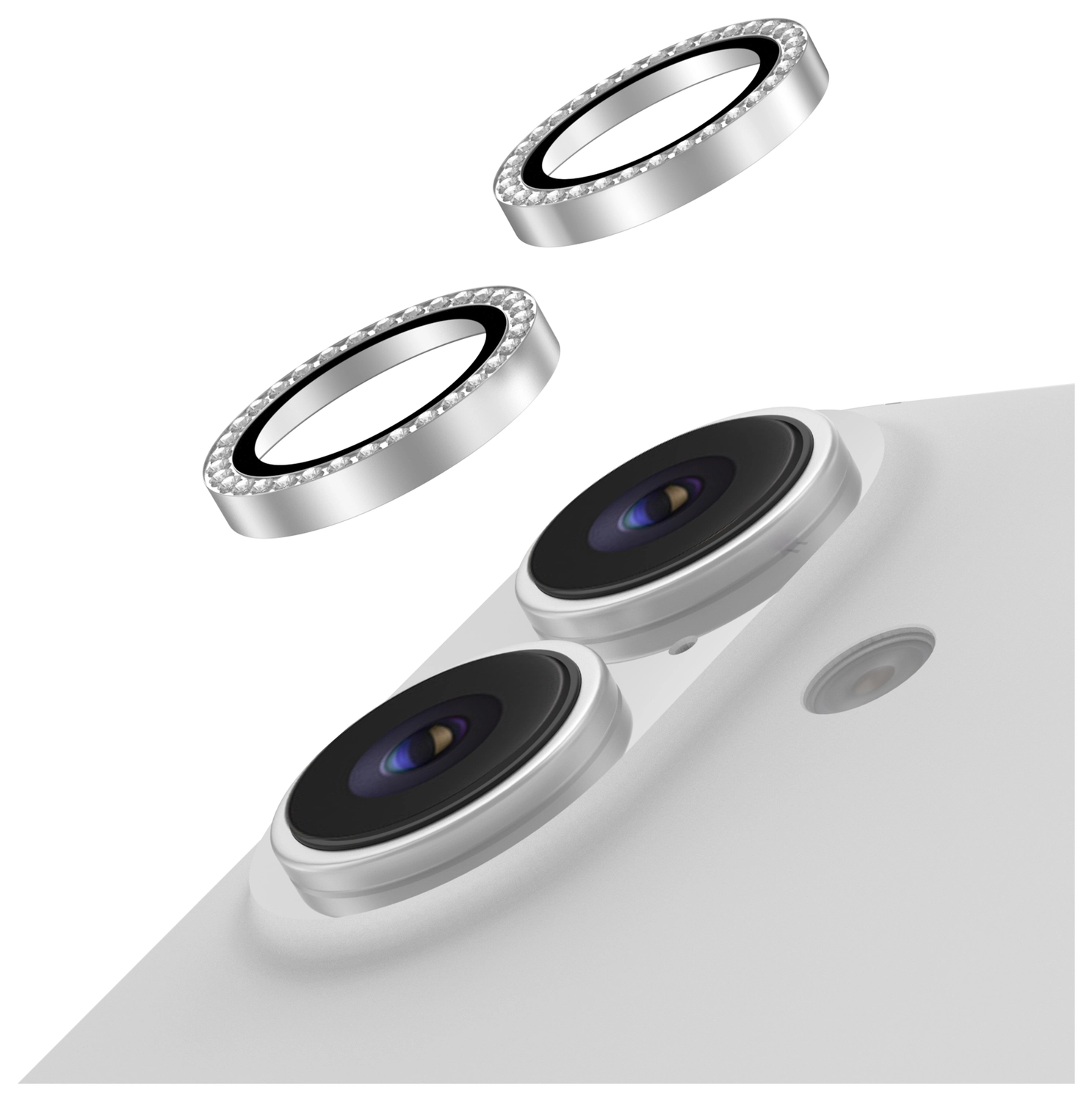 AVY Apple iPhone 17 / 16 / 16 Plus Camera Lens Protector Rings Diamant Zilver afbeelding 1