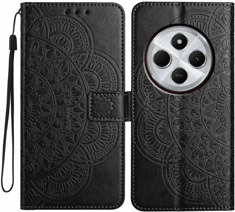 Xiaomi Redmi 14C Hoesje Mandala Book Case met Pasjeshouder Zwart afbeelding 3