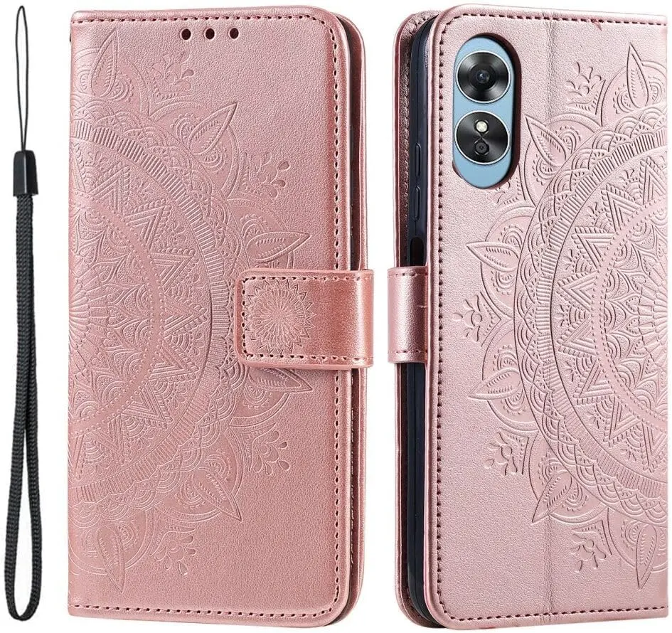 Oppo A5 (2025) Hoesje Mandala Book Case met Pasjeshouder Roze Goud afbeelding 1