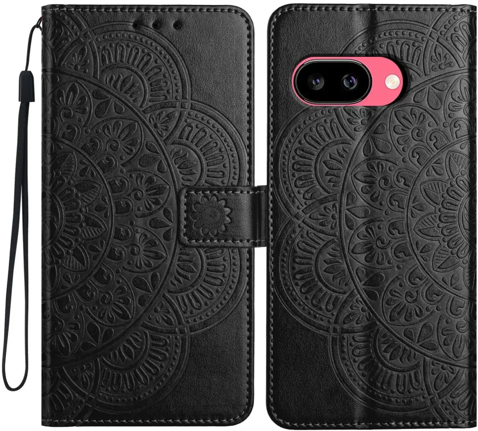 Google Pixel 10a Hoesje Mandala Book Case met Pasjeshouder Zwart afbeelding 1