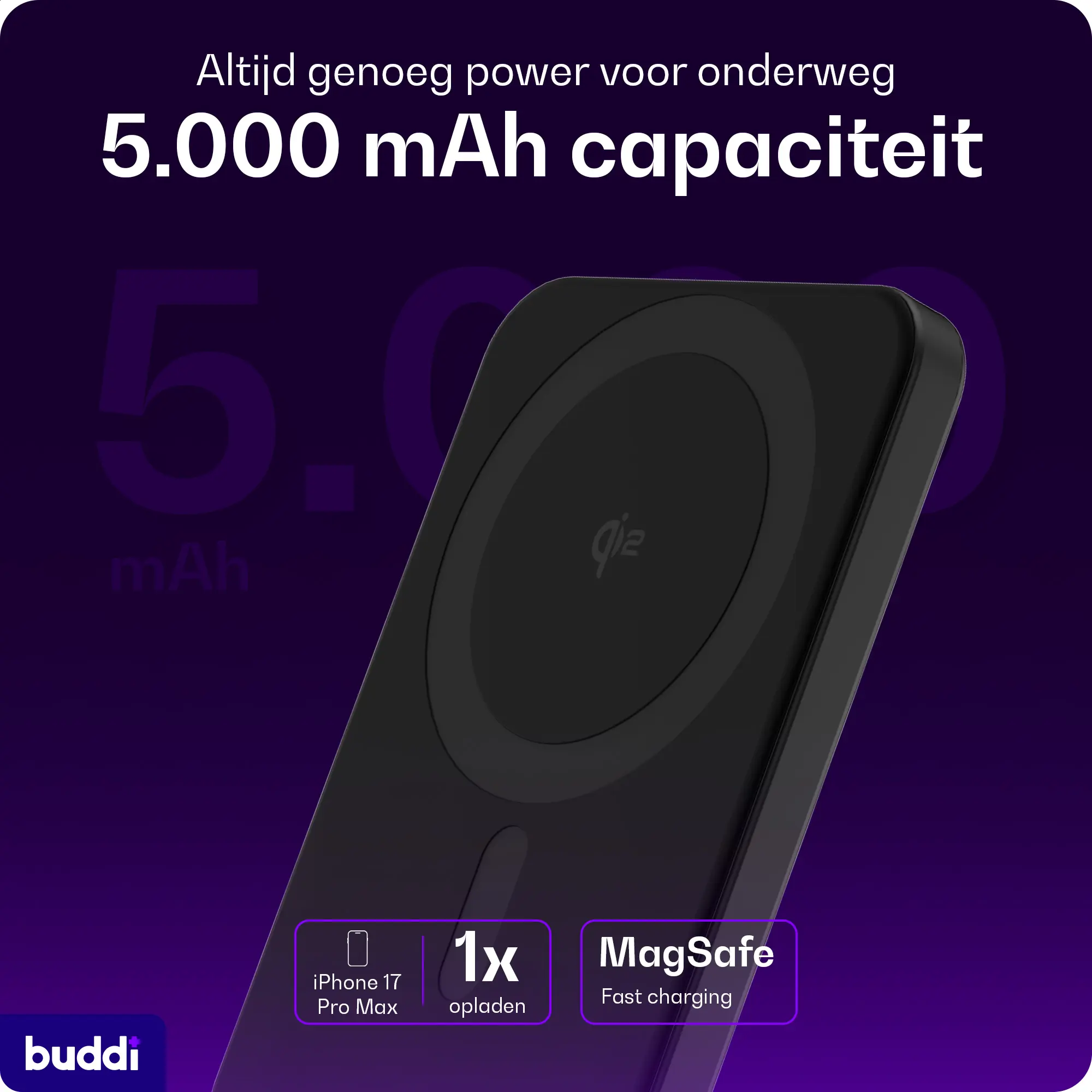 Buddi Connect Pro 5.000 mAh Magnetische MagSafe Qi2 Powerbank 15W Zwart afbeelding 3