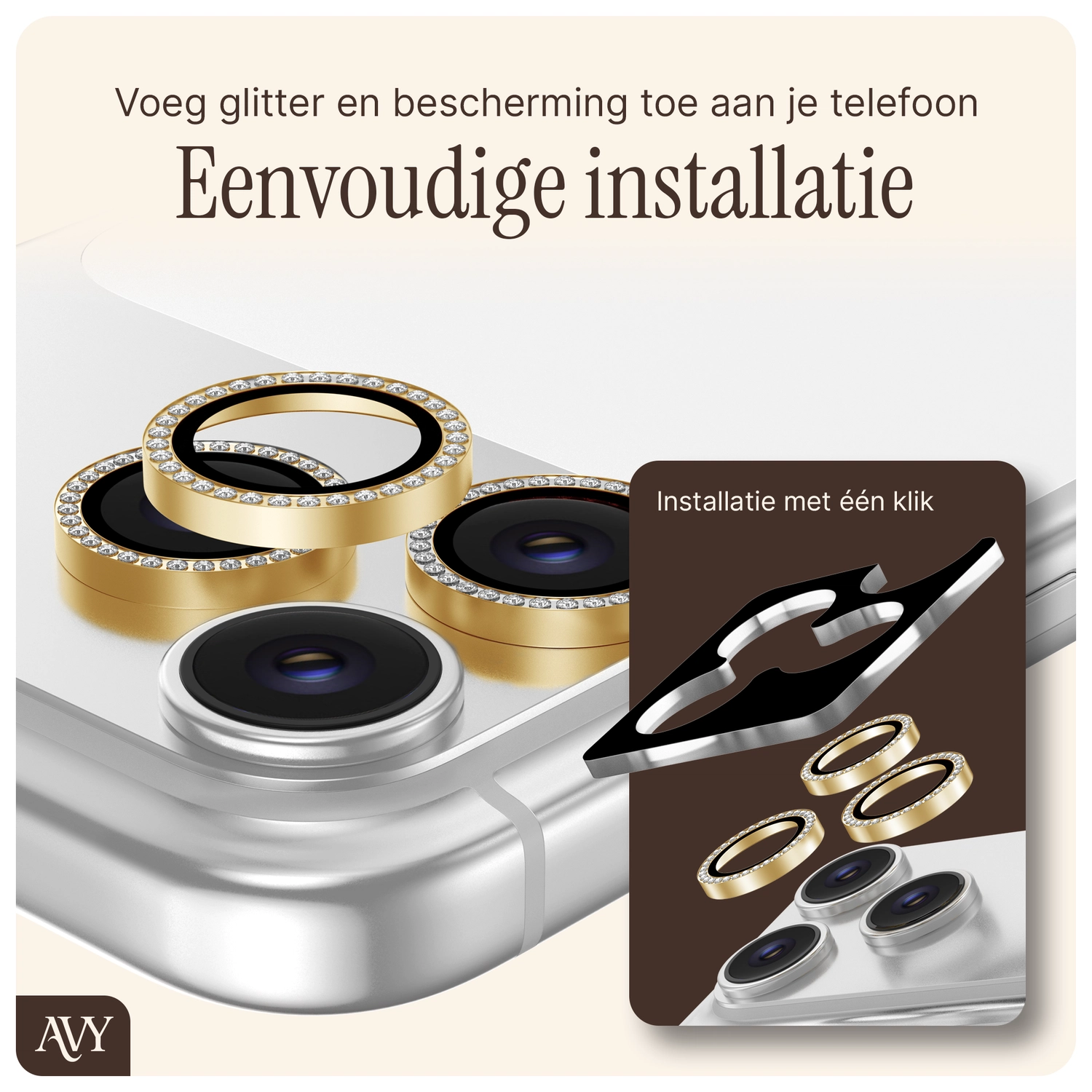 AVY iPhone 16 Pro / 16 Pro Max Camera Protector Rings Diamant Goud afbeelding 5