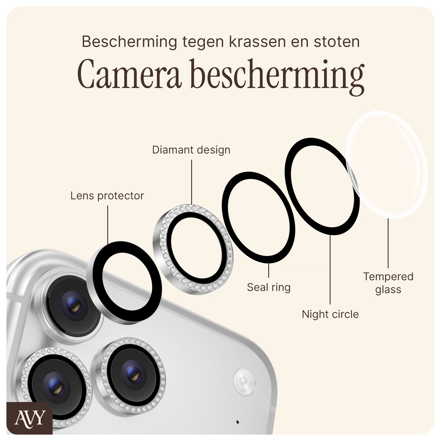 AVY iPhone 16 Pro / 16 Pro Max Camera Protector Rings Diamant Zilver afbeelding 5