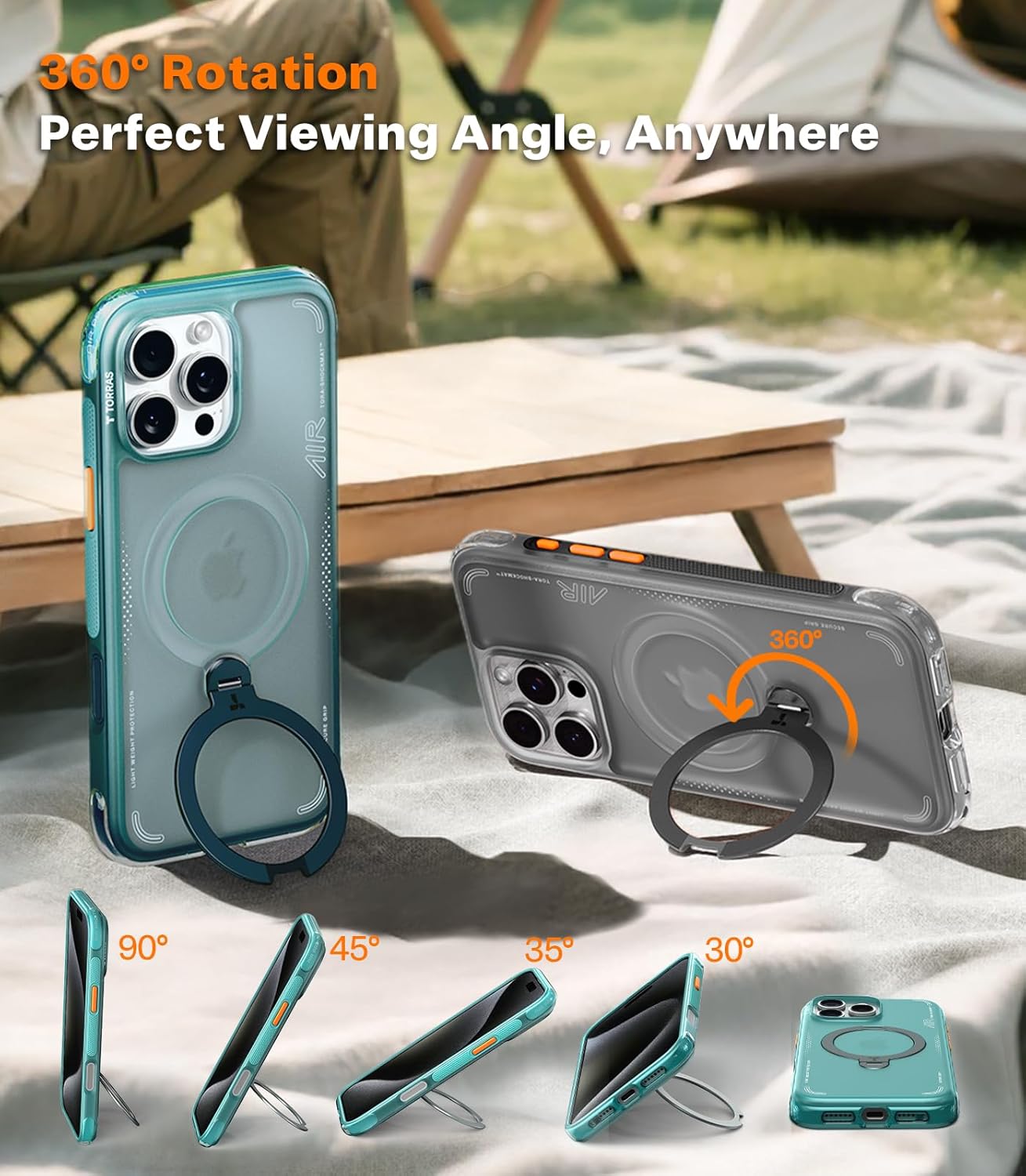 TORRAS Ostand Q3 Air Apple iPhone 16 Pro Max Hoesje MagSafe 360° Kickstand Groen afbeelding 4