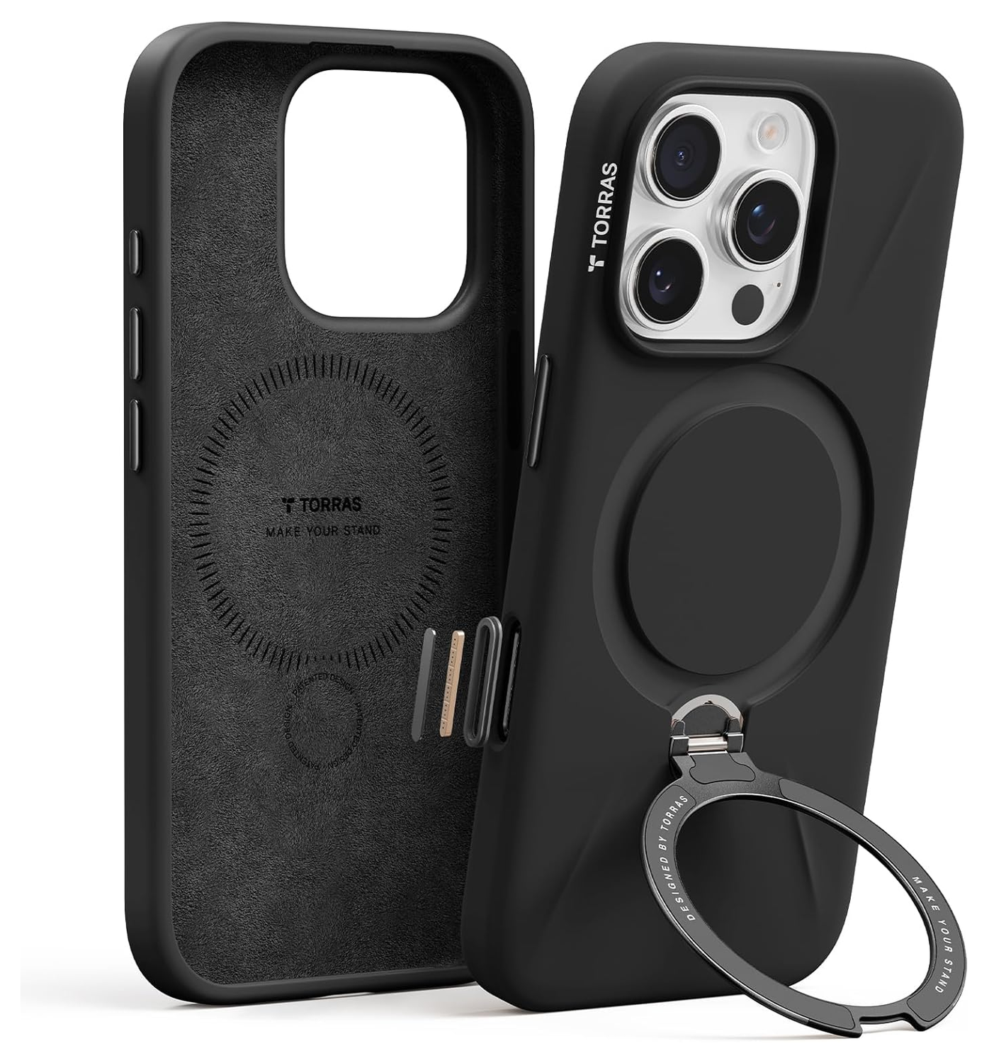 TORRAS Q Pro Silicone iPhone 16 Pro Hoesje MagSafe 360° Kickstand Zwart afbeelding 1