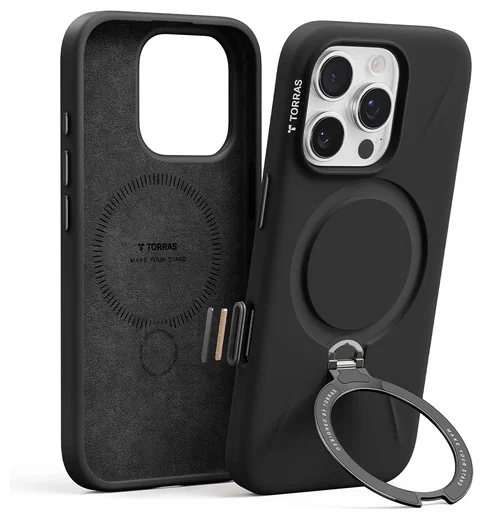 TORRAS Q Pro Silicone iPhone 16 Pro Hoesje MagSafe 360° Kickstand Zwart afbeelding 1