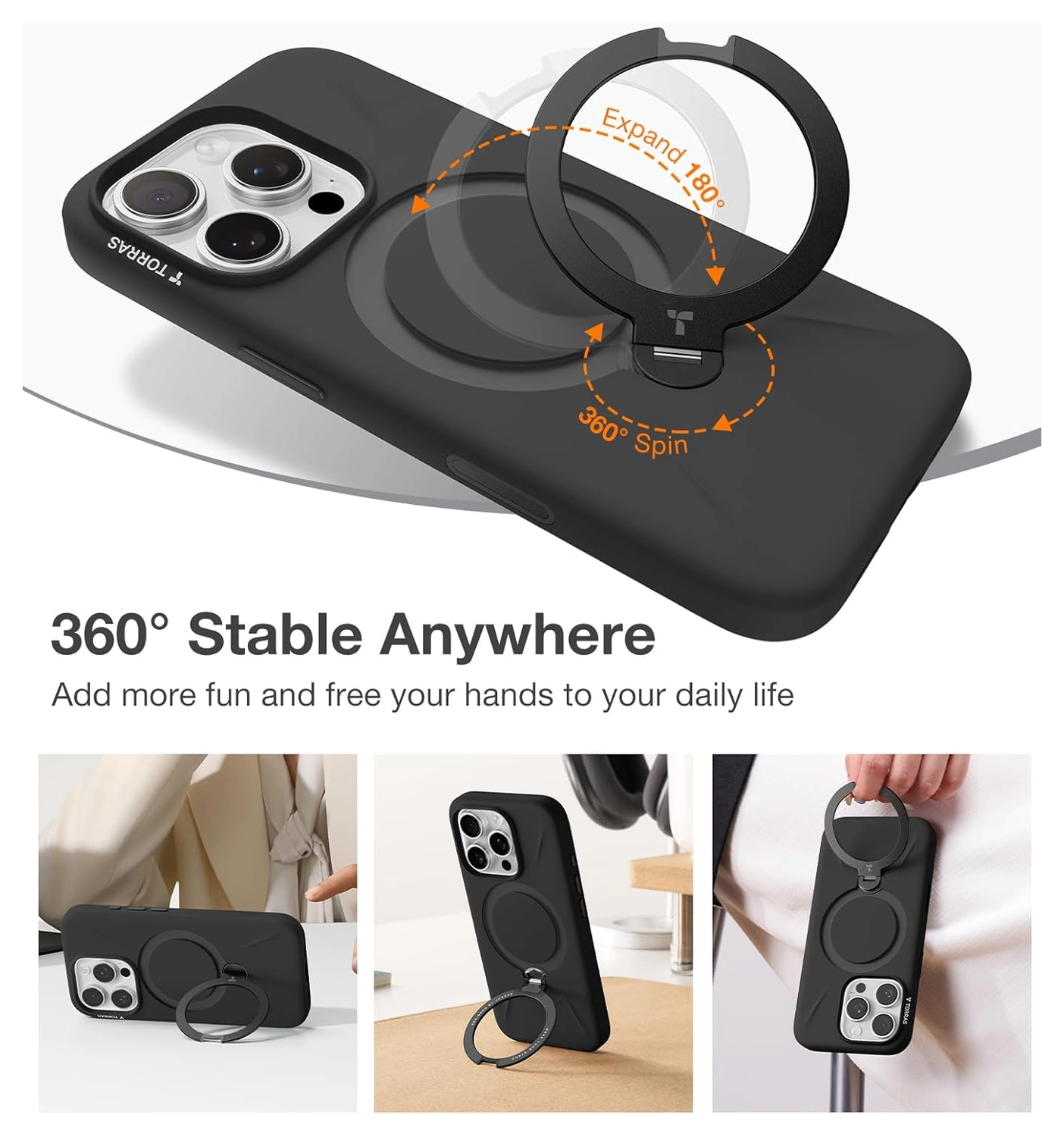 TORRAS Q Pro Silicone iPhone 16 Pro Hoesje MagSafe 360° Kickstand Zwart afbeelding 2