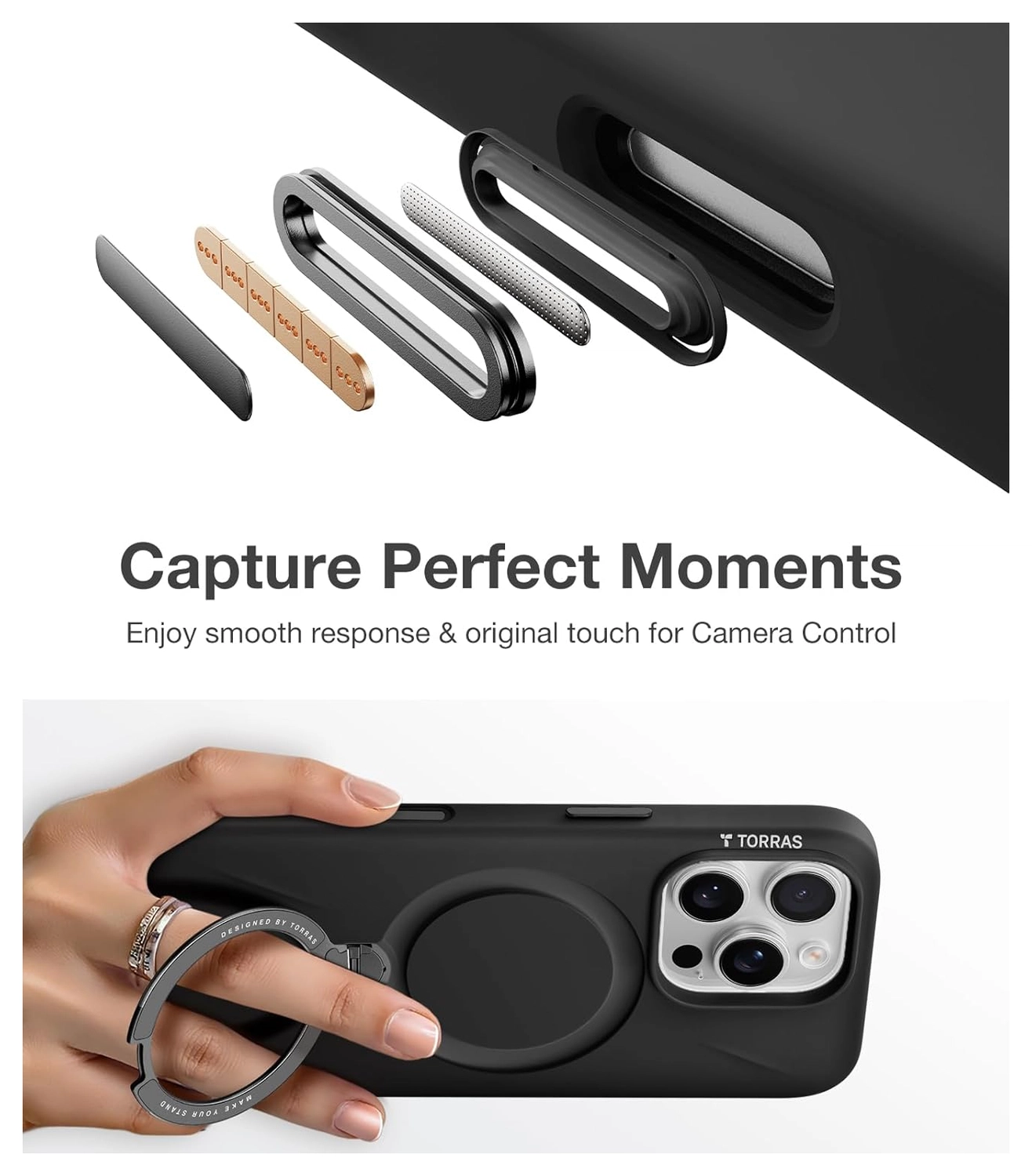 TORRAS Q Pro Silicone iPhone 16 Pro Hoesje MagSafe 360° Kickstand Zwart afbeelding 4