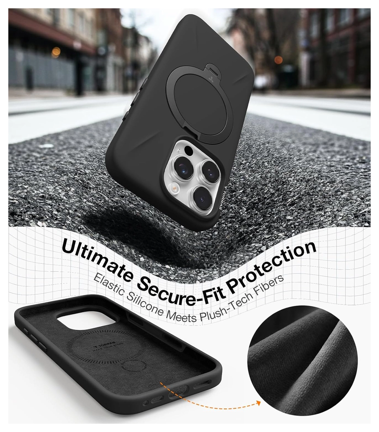 TORRAS Q Pro Silicone iPhone 16 Pro Hoesje MagSafe 360° Kickstand Zwart afbeelding 6