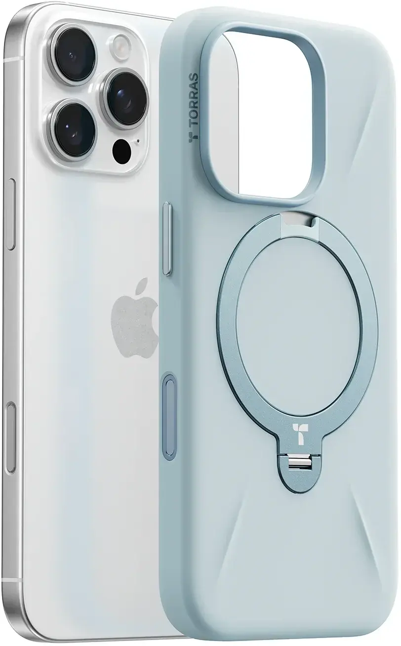 TORRAS Q Pro Silicone iPhone 16 Pro Hoesje MagSafe 360° Kickstand Blauw afbeelding 1