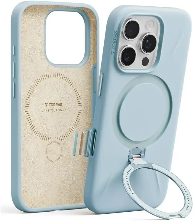 TORRAS Q Pro Silicone iPhone 16 Pro Hoesje MagSafe 360° Kickstand Blauw afbeelding 2