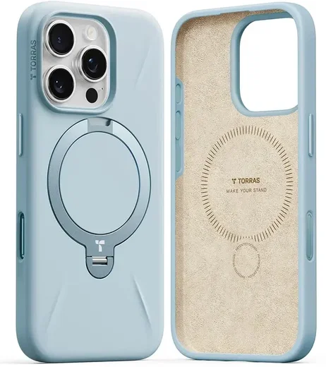 TORRAS Q Pro Silicone iPhone 16 Pro Hoesje MagSafe 360° Kickstand Blauw afbeelding 3