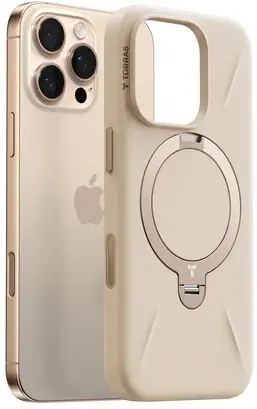 TORRAS Q Pro Silicone iPhone 16 Pro Hoesje MagSafe 360° Kickstand Beige afbeelding 1