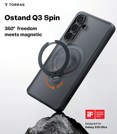 TORRAS Ostand Spin Samsung Galaxy S26 Plus Hoesje 360° MagSafe Stand Zwart afbeelding 3