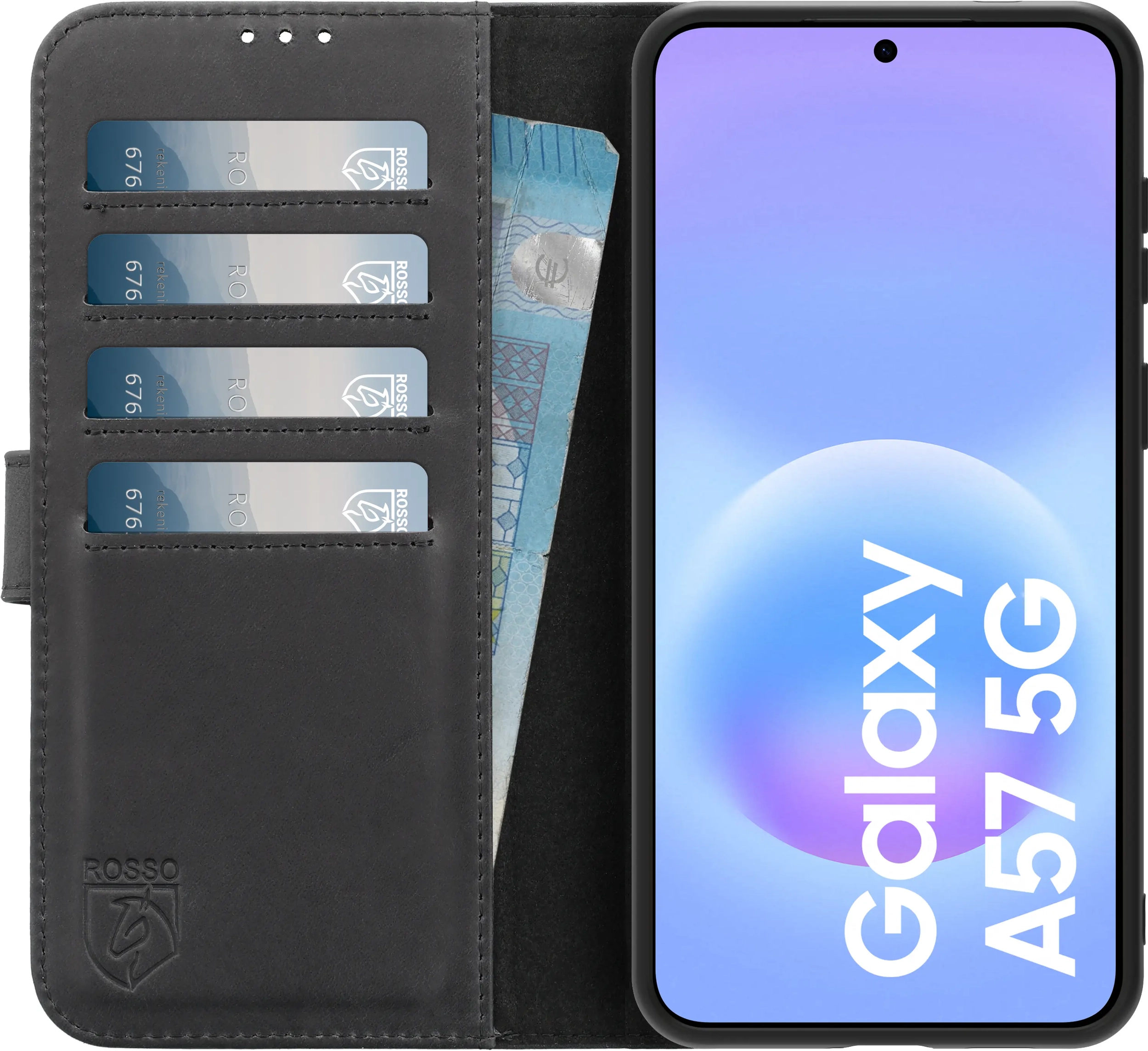 Rosso Deluxe Samsung Galaxy A57 Hoesje Echt Leer Book Case Zwart afbeelding 1
