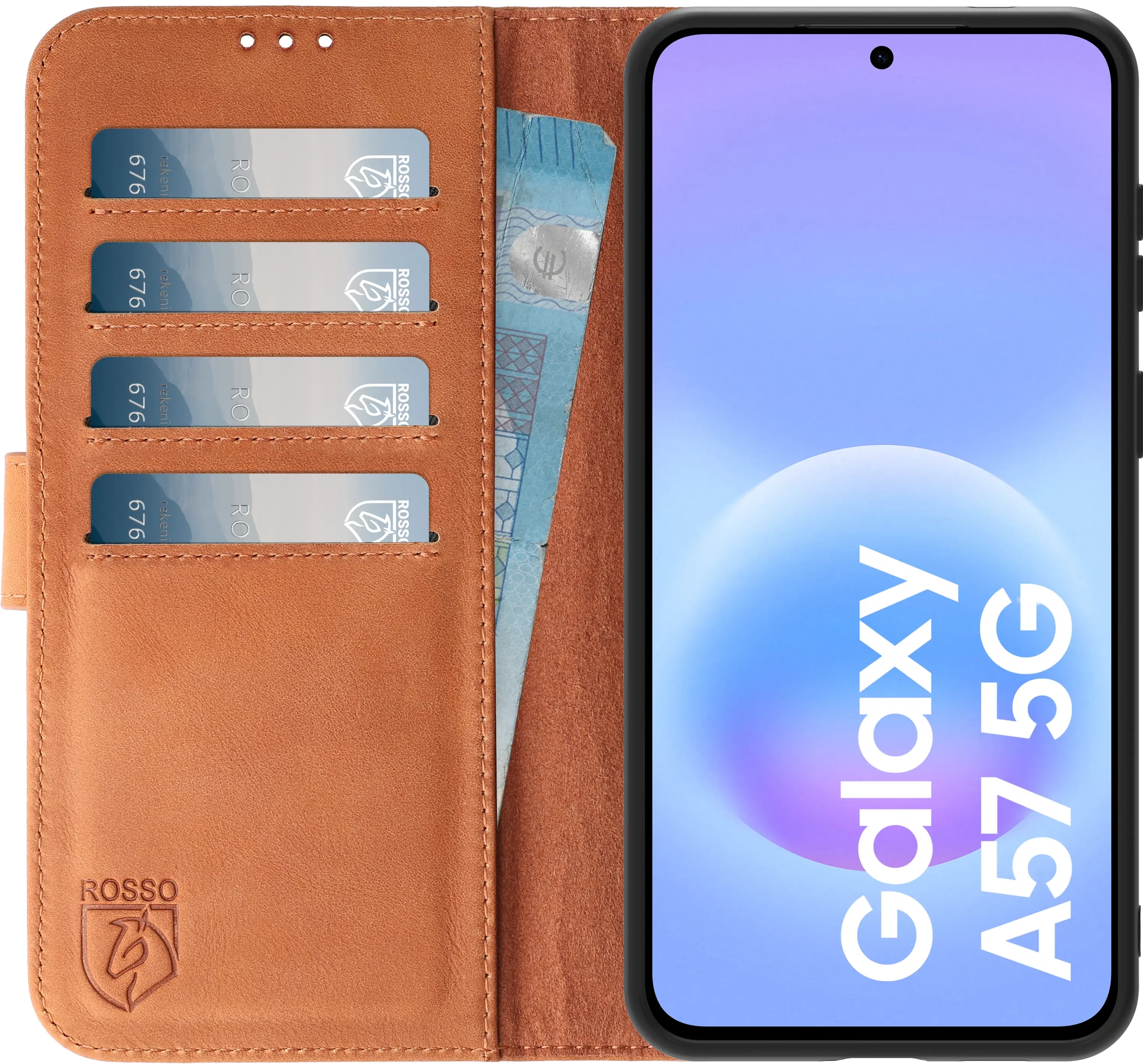 Rosso Deluxe Samsung Galaxy A57 Hoesje Echt Leer Book Case Bruin afbeelding 1