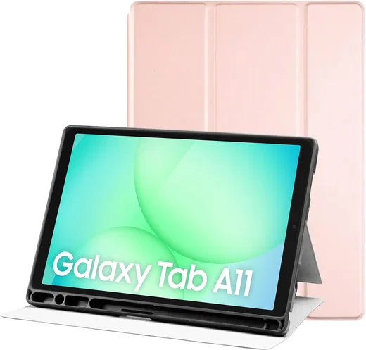 Samsung Galaxy Tab A11 Hoes Luxe Tri-Fold Book Case Kunst Leer Roze afbeelding 1