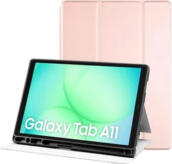 Samsung Galaxy Tab A11 Hoes Luxe Tri-Fold Book Case Kunst Leer Roze afbeelding