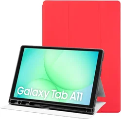 Samsung Galaxy Tab A11 Hoes Luxe Tri-Fold Book Case Kunst Leer Rood afbeelding