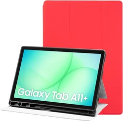 Samsung Galaxy Tab A11 Plus Hoes Luxe Tri-Fold Book Case Kunst Leer Rood afbeelding