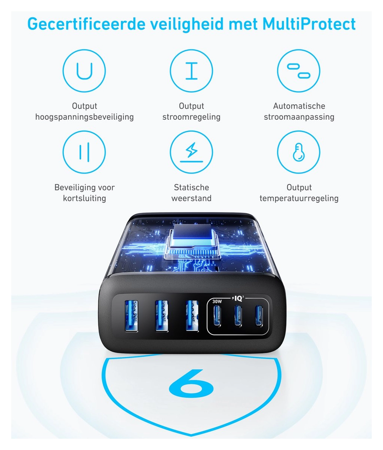 Anker (112W) Desktop Charger 6-in-1 Oplaadstation USB/USB-C Snellader Zwart afbeelding 8