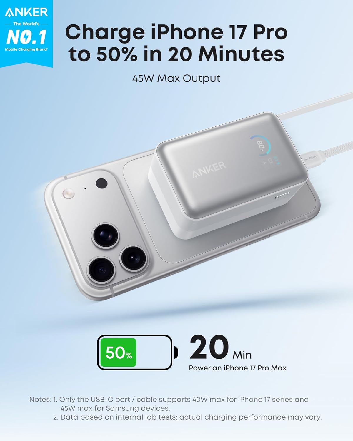 Anker Nano (45W) 10.000 mAh Powerbank Vaste USB-C Kabel Wit afbeelding 3
