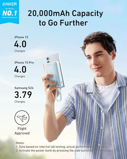 Anker Zolo 30W Powerbank met Ingebouwde Lanyard USB-C Kabel 20.000 mAh Blauw afbeelding 2
