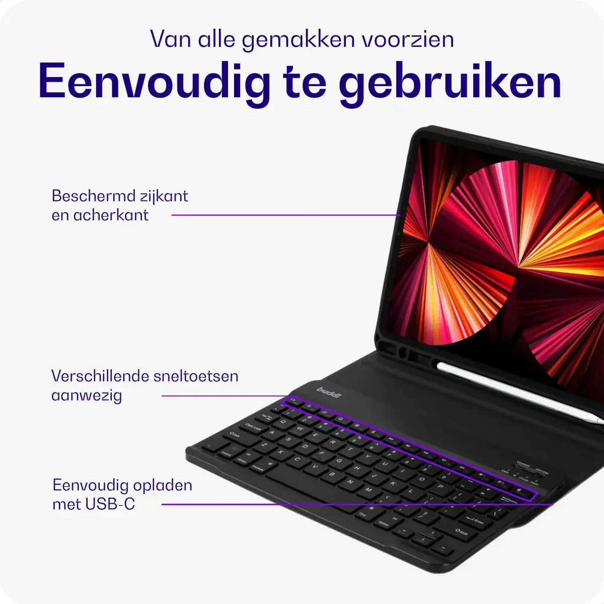 Buddi Zuna Samsung Galaxy Tab A11 Plus Hoes met Toetsenbord Book Case Zwart afbeelding 3