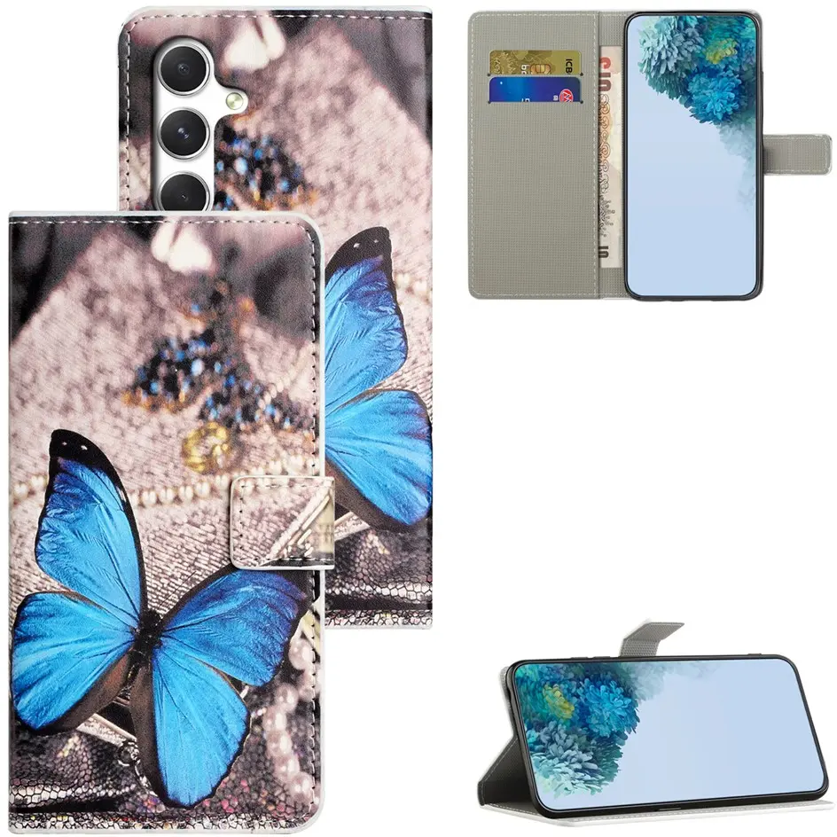 Samsung Galaxy A57 Hoesje Portemonnee Book Case Vlinder Blauw Print afbeelding 4