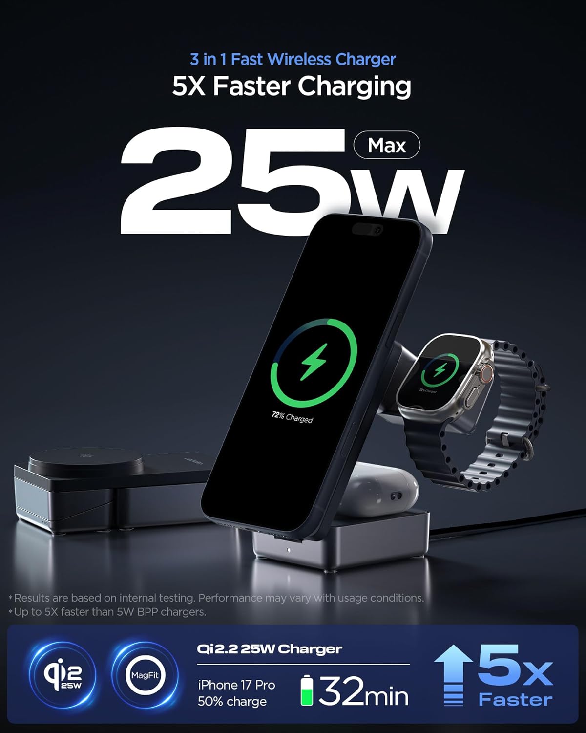 Spigen Essential MagFit Qi2.2 3-in-1 Draadloze Oplader Zwart afbeelding 3