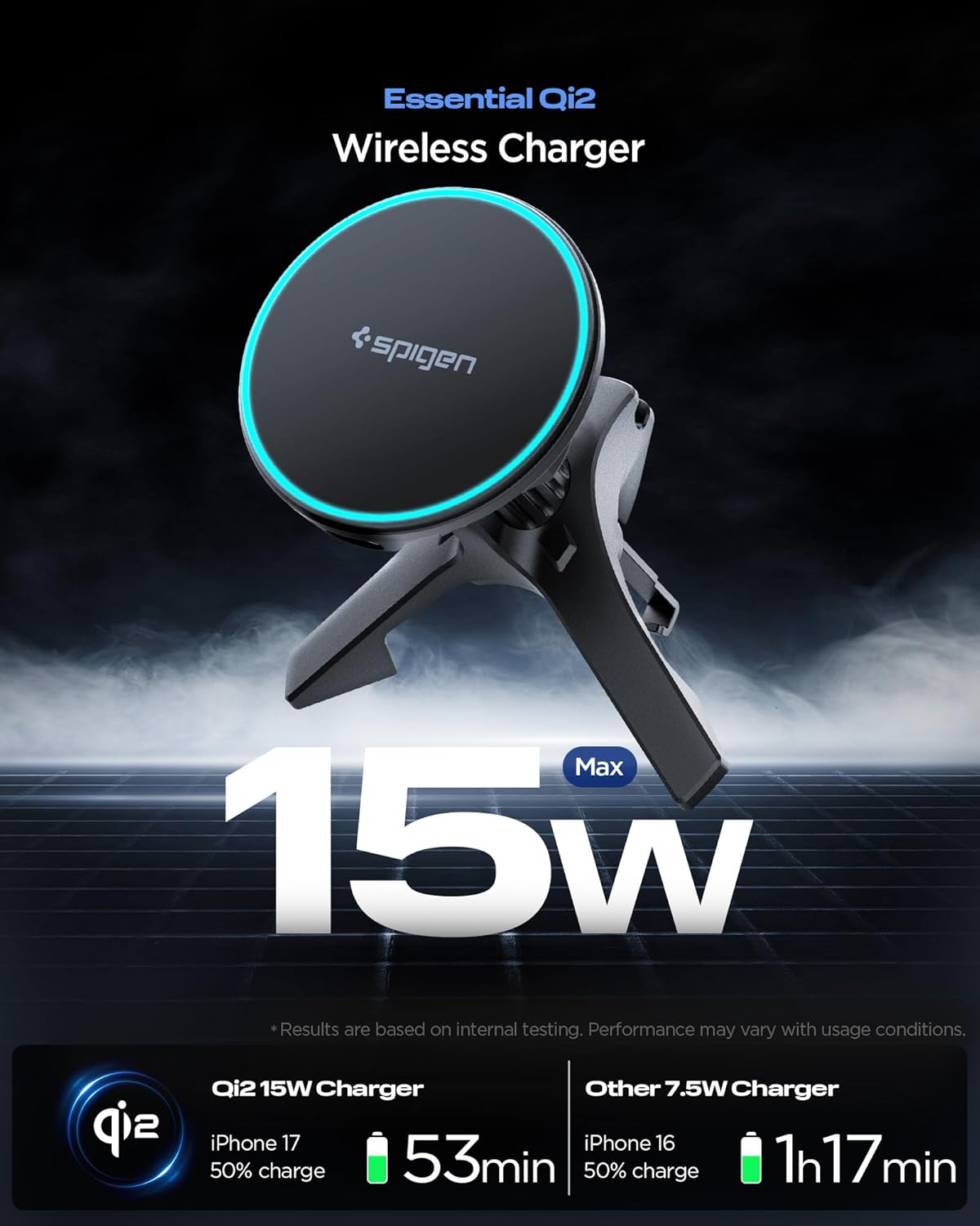 Spigen Essential MagFit Qi2 Draadloze Auto Oplader Ventilatie Zwart afbeelding 2