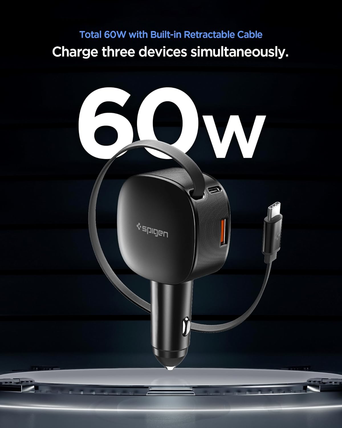 Spigen Essential Autolader 60W met Uitrekbare USB-C Kabel Zwart afbeelding 2