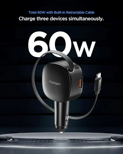 Spigen Essential Autolader 60W met Uitrekbare USB-C Kabel Zwart afbeelding 2
