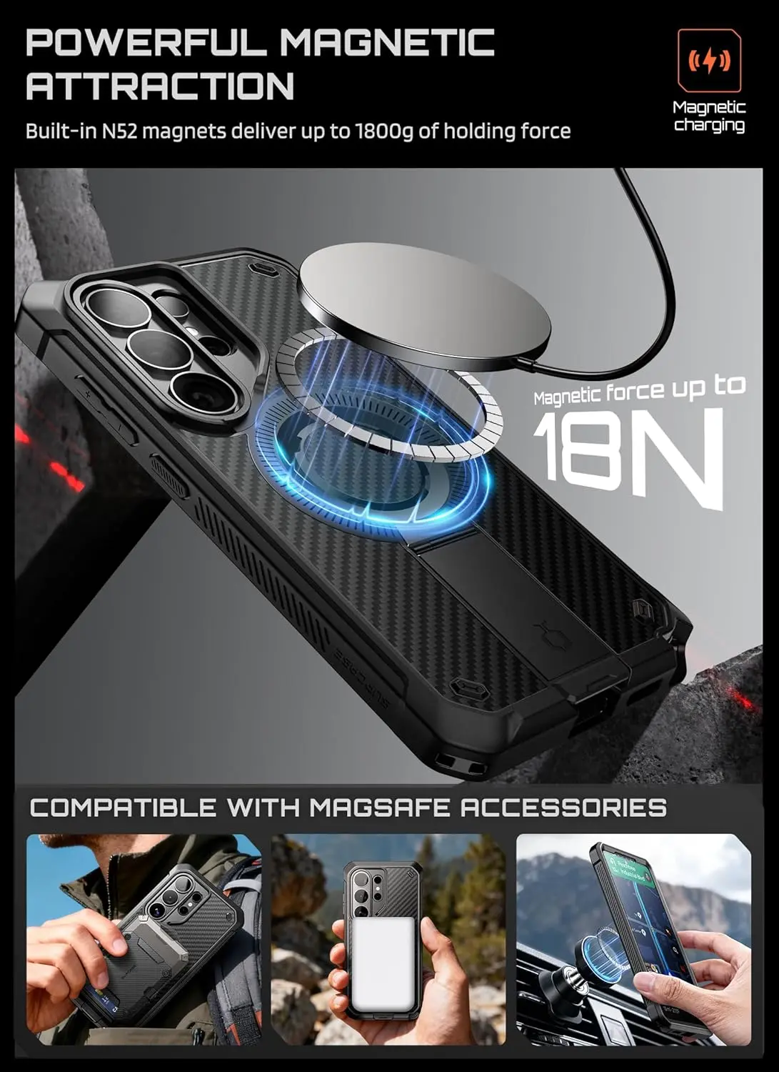 SUPCASE UB Mag Pro Samsung Galaxy S26 Ultra Hoesje MagSafe Stand Carbon afbeelding 5