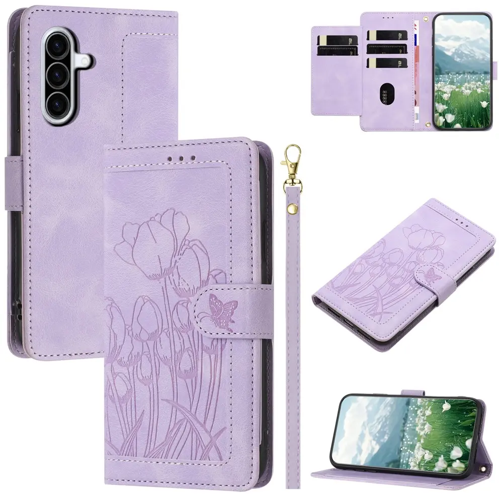 Samsung Galaxy A57 Hoesje Portemonnee Tulpen Book Case Paars afbeelding 3