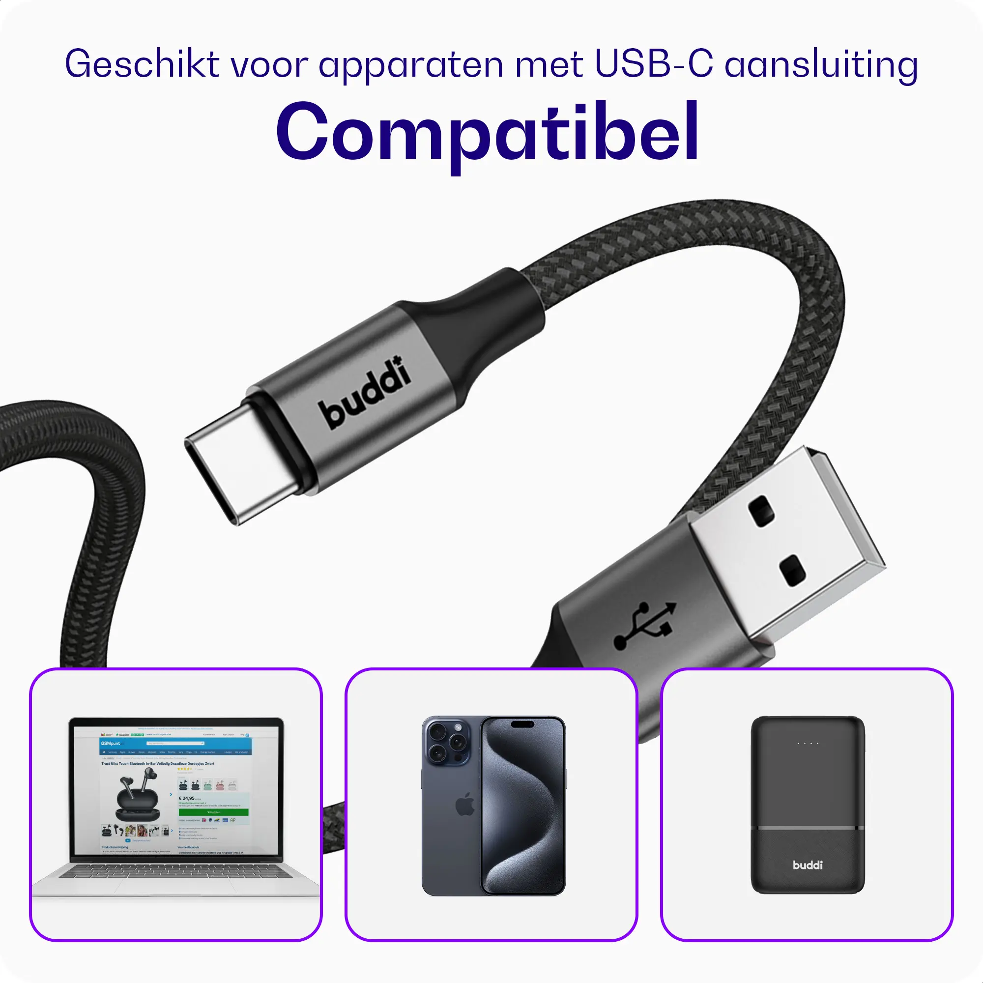Buddi Flex USB-A naar USB-C Kabel 12W Fast Charge 3M Wit afbeelding 9