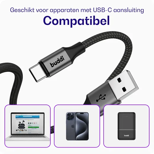 Buddi Flex USB-A naar USB-C Kabel 12W Fast Charge 3M Wit afbeelding 9