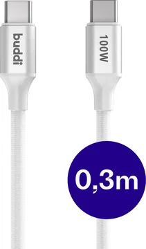 Buddi Flex USB-C naar USB-C Kabel 100W Super Fast Charge 30CM Wit