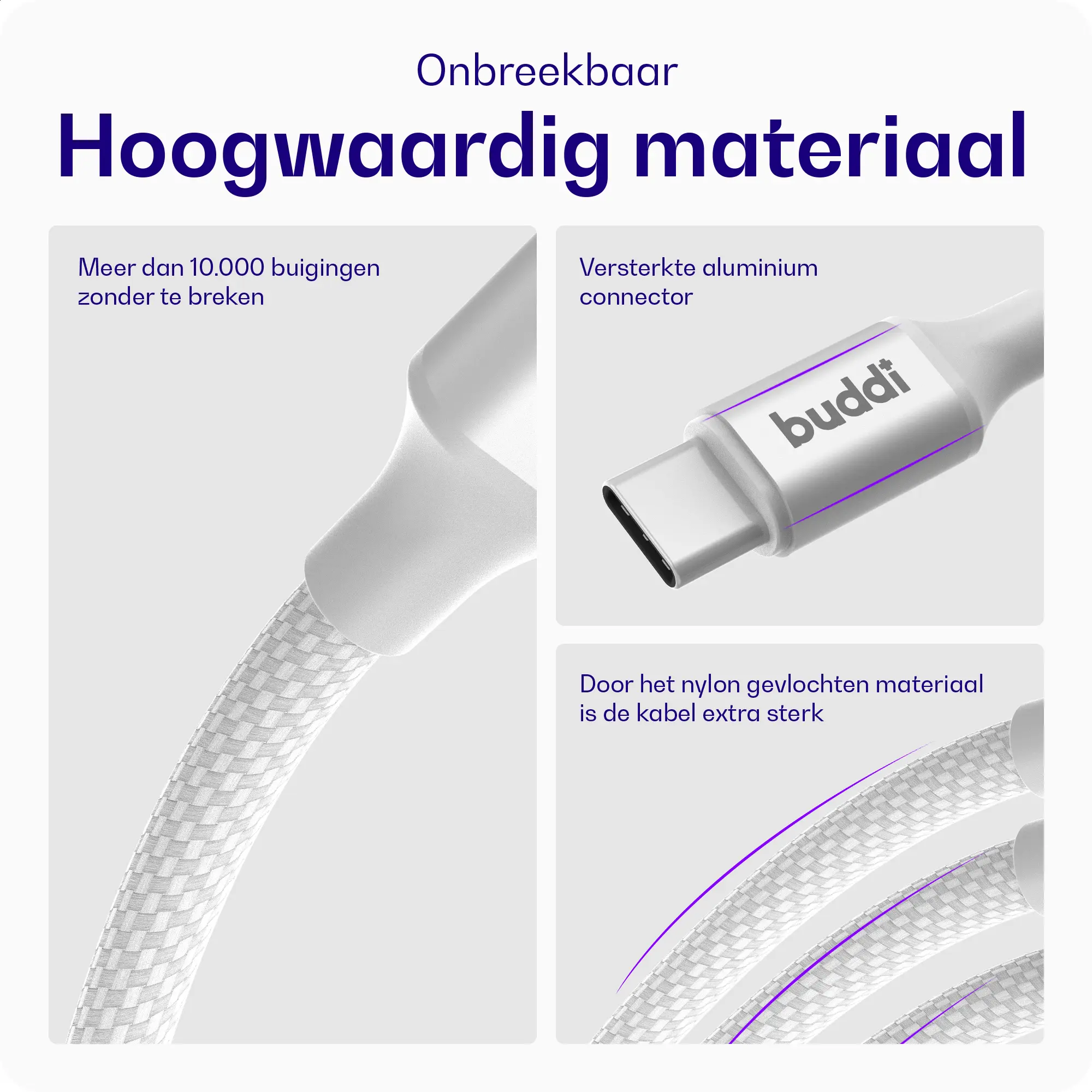 Buddi Flex USB-C naar USB-C Kabel 100W Super Fast Charge 2M Wit afbeelding 2
