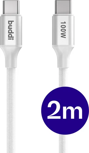 Buddi Flex USB-C naar USB-C Kabel 100W Super Fast Charge 2M Wit afbeelding 1