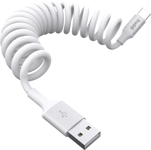 Buddi Flex USB-A naar USB-C Krulsnoer Kabel 12W Fast Charge 1M Wit afbeelding 8