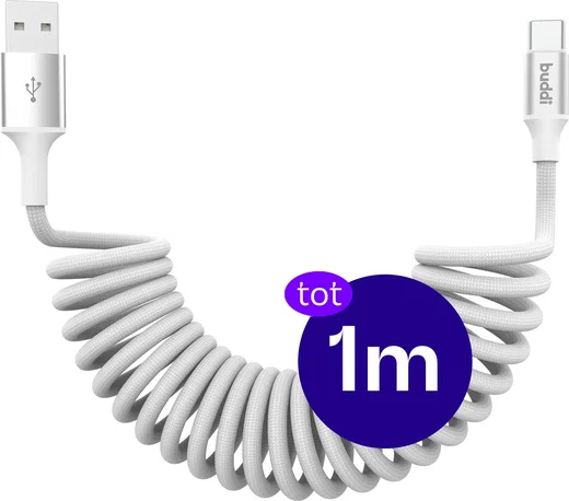 Buddi Flex USB-A naar USB-C Krulsnoer Kabel 12W Fast Charge 1M Wit afbeelding 1