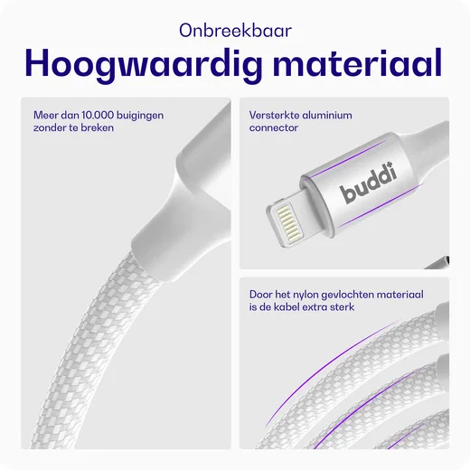 Buddi Flex USB-A naar Lightning Krulsnoer Kabel 12W Fast Charge 1M Wit afbeelding 2