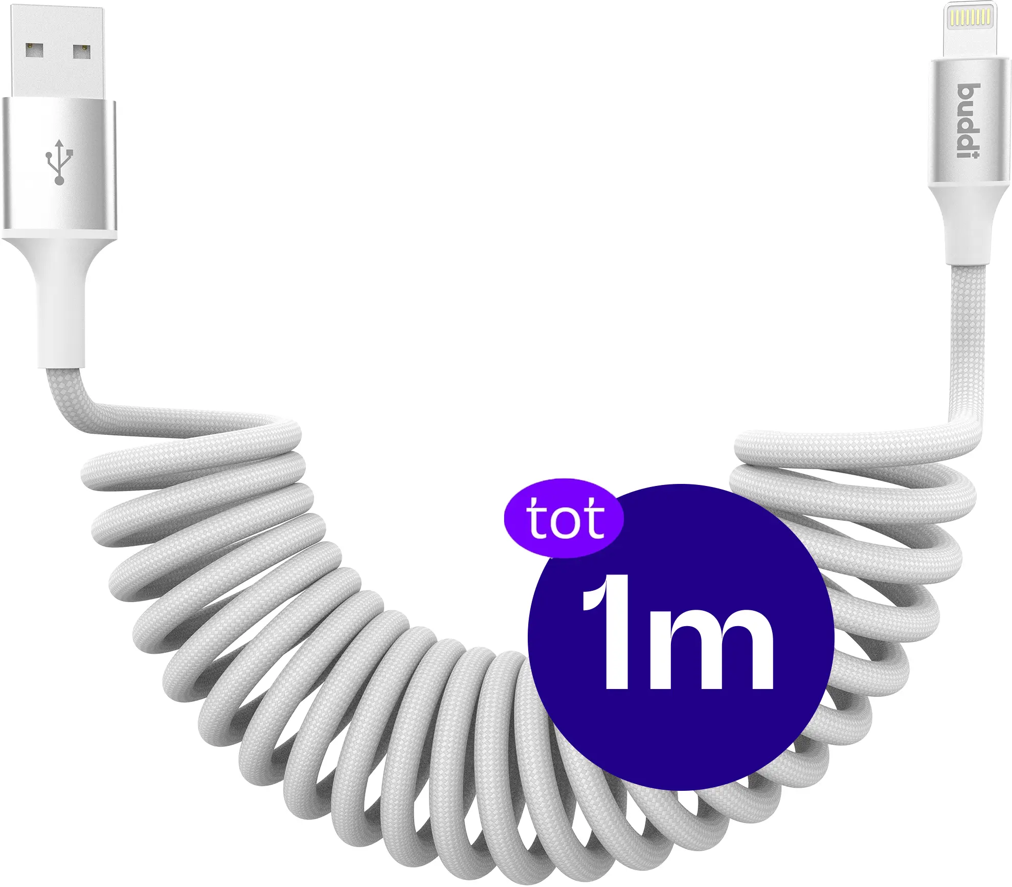 Buddi Flex USB-A naar Lightning Krulsnoer Kabel 12W Fast Charge 1M Wit afbeelding 1