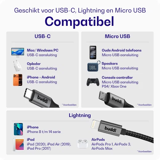 Buddi Flex 3-in-1 USB-C naar USB-C Lightning Micro-USB 1.5M Zwart afbeelding 3