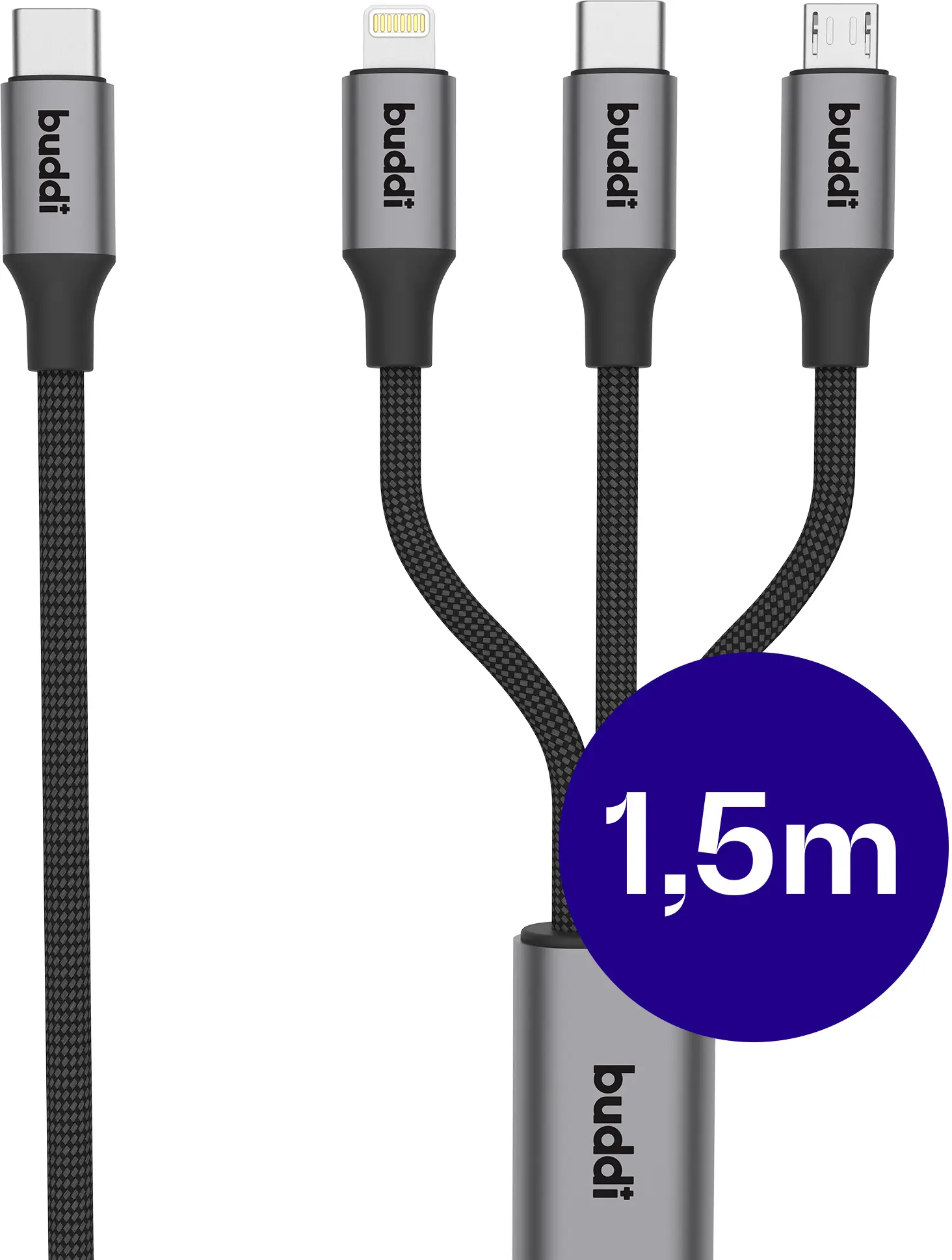 Buddi Flex 3-in-1 USB-C naar USB-C Lightning Micro-USB 1.5M Zwart afbeelding 1