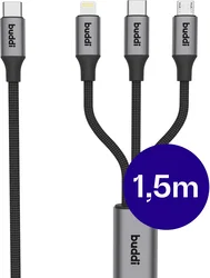 Buddi Flex 3-in-1 USB-C naar USB-C Lightning Micro-USB 1.5M Zwart afbeelding